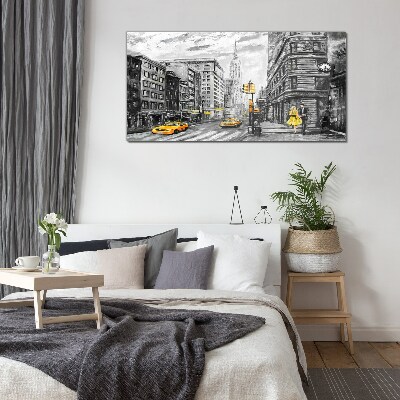 New York street in yellow cabs Glass Wall Art