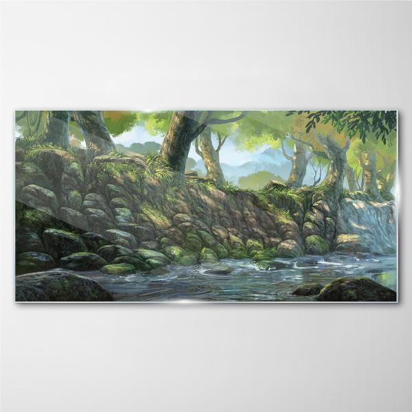 Green corner with a waterfall Glass Wall Art