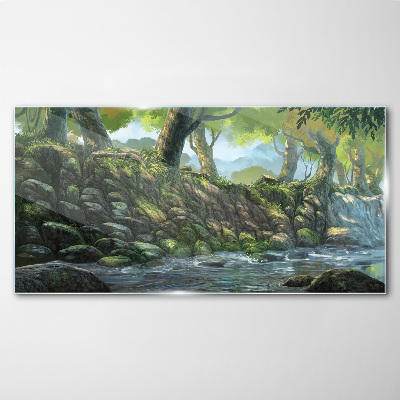 Green corner with a waterfall Glass Wall Art