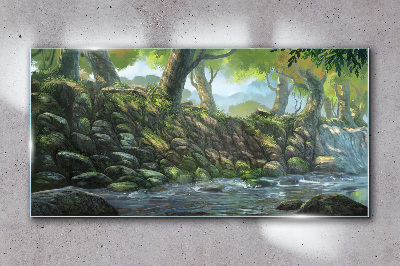 Green corner with a waterfall Glass Wall Art