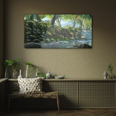 Green corner with a waterfall Glass Wall Art