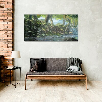 Green corner with a waterfall Glass Wall Art