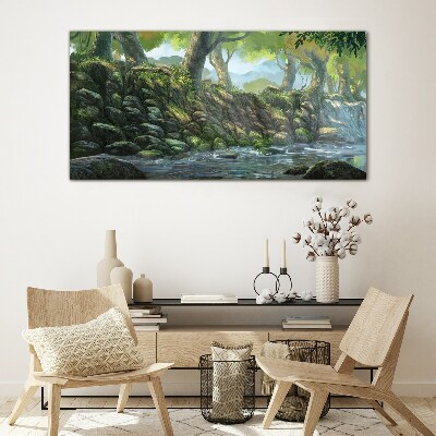 Green corner with a waterfall Glass Wall Art
