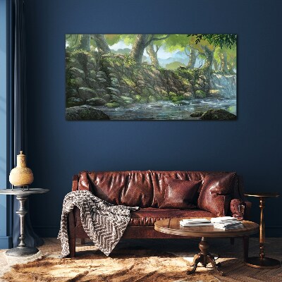 Green corner with a waterfall Glass Wall Art