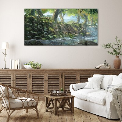 Green corner with a waterfall Glass Wall Art