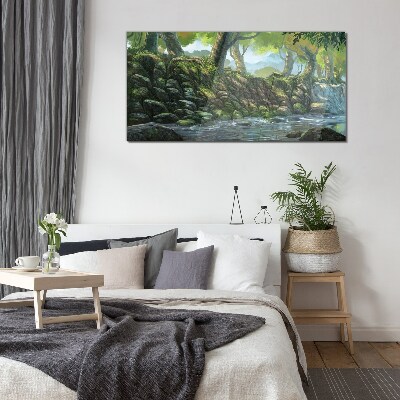 Green corner with a waterfall Glass Wall Art