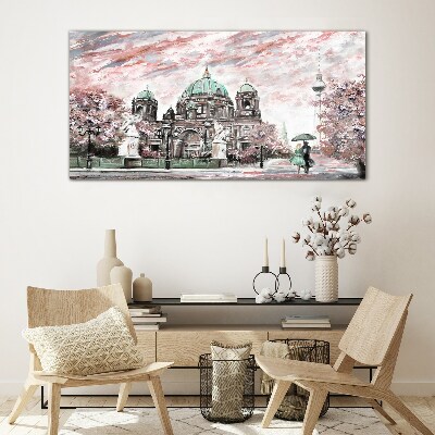 Berlin architecture in spring colors Glass Wall Art