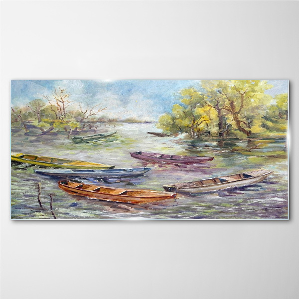 A quiet port with colorful boats Glass Wall Art