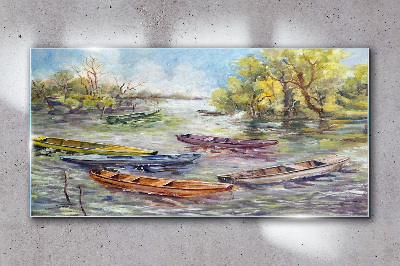 A quiet port with colorful boats Glass Wall Art