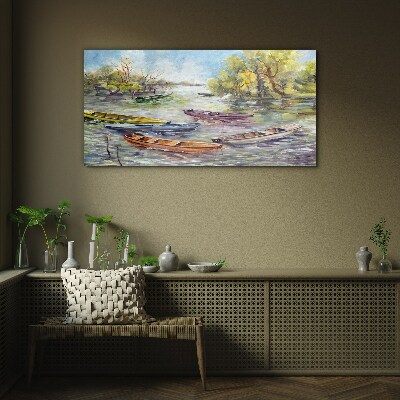 A quiet port with colorful boats Glass Wall Art