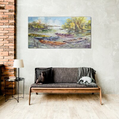 A quiet port with colorful boats Glass Wall Art