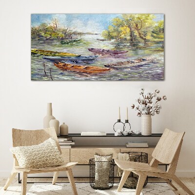 A quiet port with colorful boats Glass Wall Art