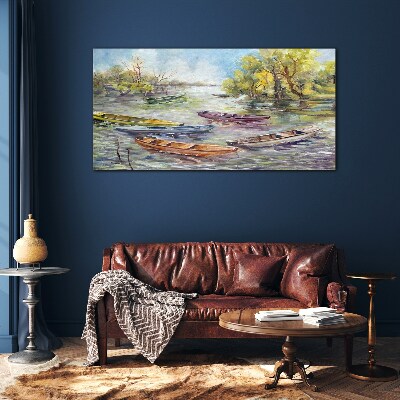 A quiet port with colorful boats Glass Wall Art