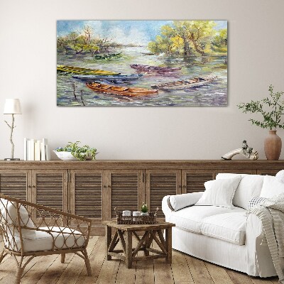 A quiet port with colorful boats Glass Wall Art