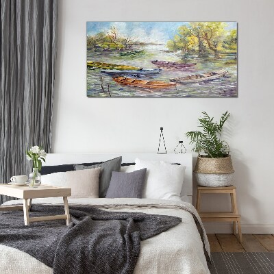 A quiet port with colorful boats Glass Wall Art