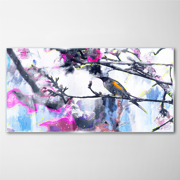 Colorful bird on a background of flowers Glass Wall Art