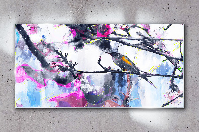 Colorful bird on a background of flowers Glass Wall Art