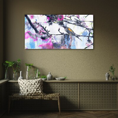 Colorful bird on a background of flowers Glass Wall Art