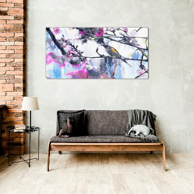 Colorful bird on a background of flowers Glass Wall Art