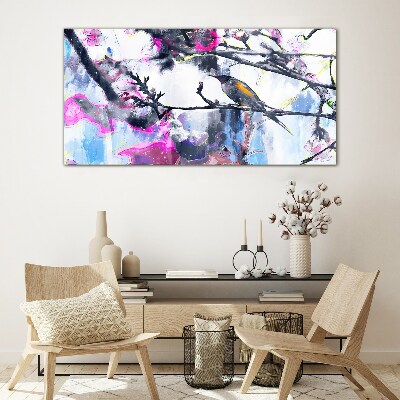 Colorful bird on a background of flowers Glass Wall Art