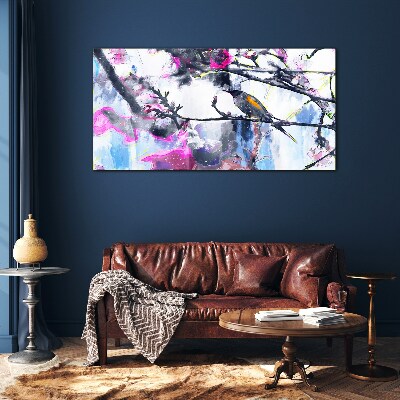 Colorful bird on a background of flowers Glass Wall Art