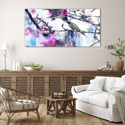 Colorful bird on a background of flowers Glass Wall Art