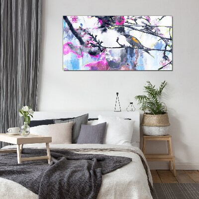Colorful bird on a background of flowers Glass Wall Art