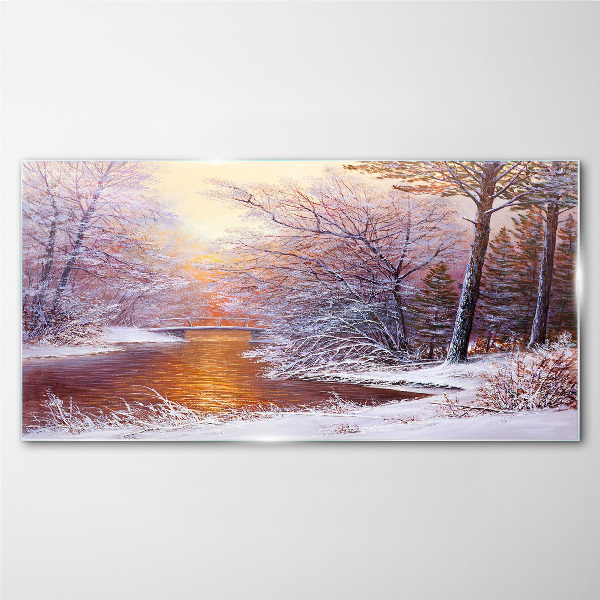 Winter landscape with a river Glass Wall Art