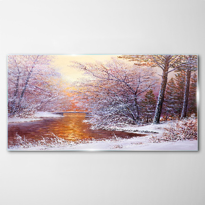 Winter landscape with a river Glass Wall Art