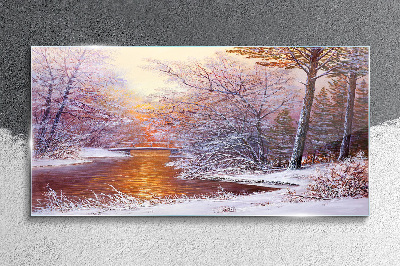 Winter landscape with a river Glass Wall Art