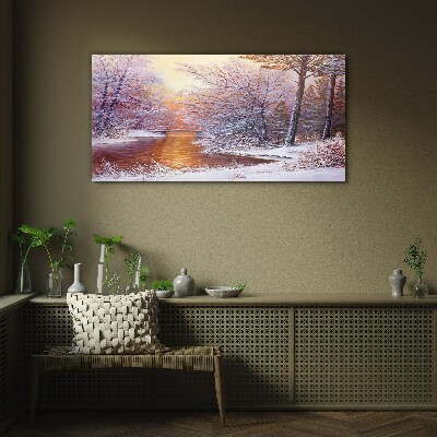 Winter landscape with a river Glass Wall Art