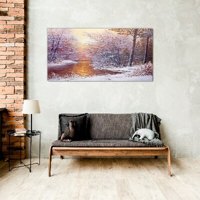 Winter landscape with a river Glass Wall Art