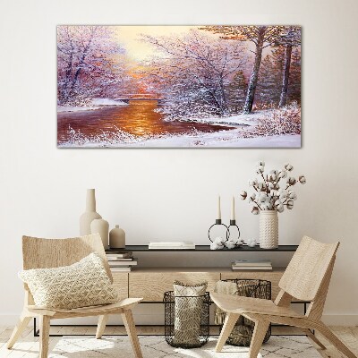 Winter landscape with a river Glass Wall Art