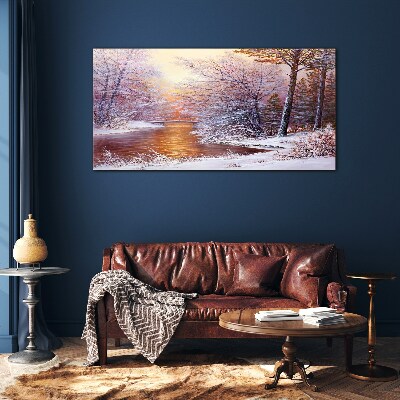 Winter landscape with a river Glass Wall Art