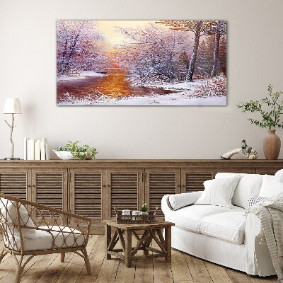 Winter landscape with a river Glass Wall Art