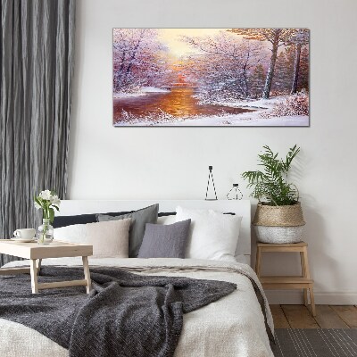 Winter landscape with a river Glass Wall Art