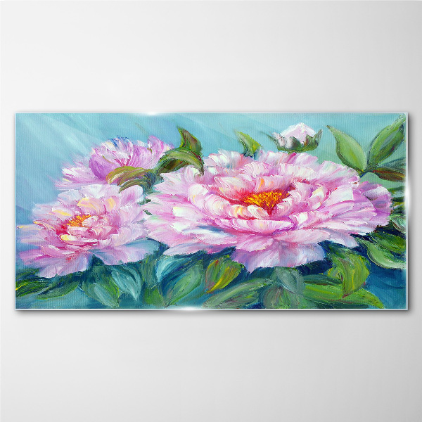 Pink peonies on a blue background Glass Wall Art