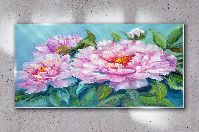 Pink peonies on a blue background Glass Wall Art