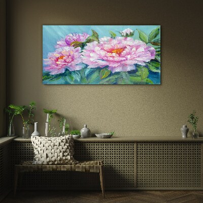 Pink peonies on a blue background Glass Wall Art