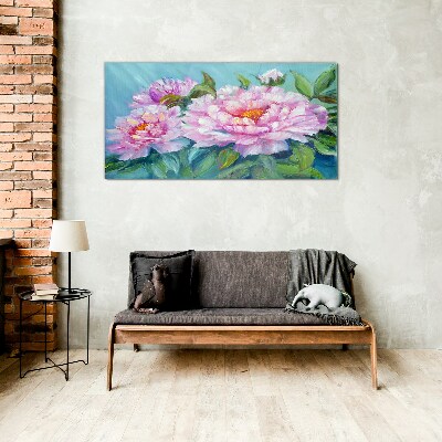 Pink peonies on a blue background Glass Wall Art