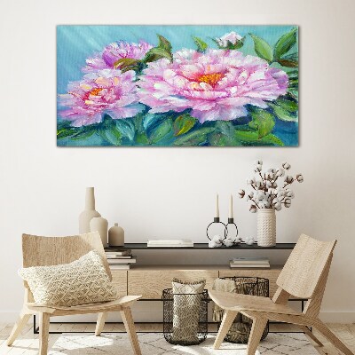 Pink peonies on a blue background Glass Wall Art