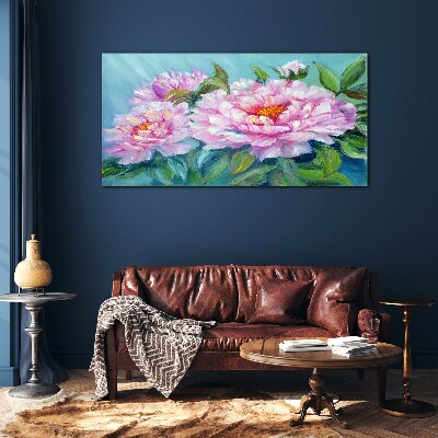 Pink peonies on a blue background Glass Wall Art