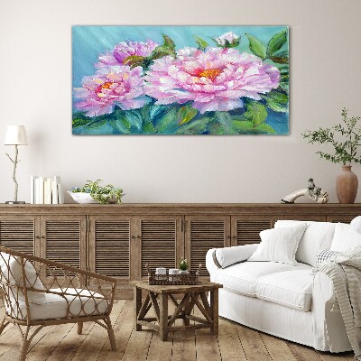 Pink peonies on a blue background Glass Wall Art