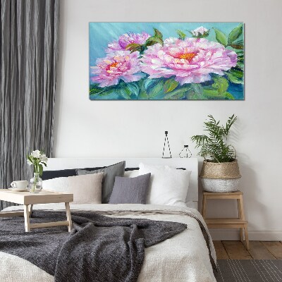 Pink peonies on a blue background Glass Wall Art