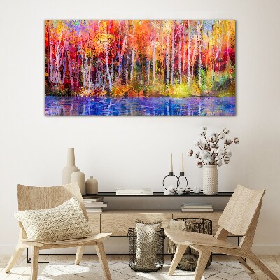 Autumn colors by the lake Glass Wall Art