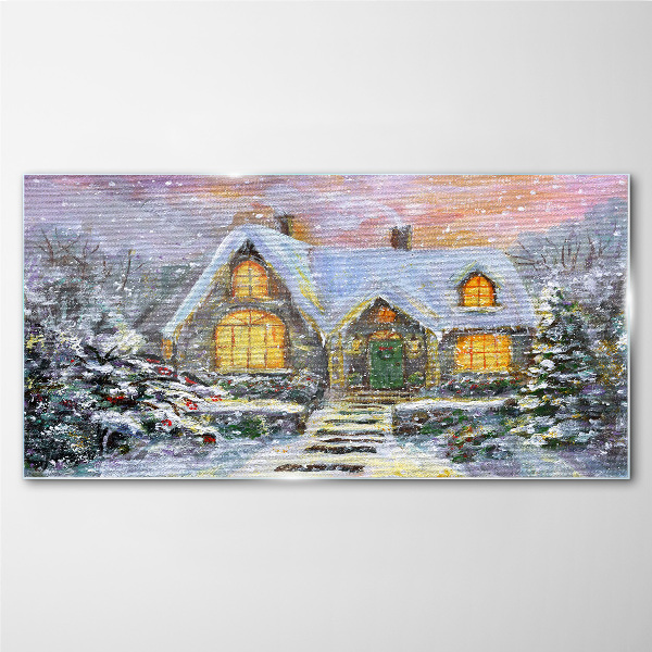 Winter landscape with a house in the forest Glass Wall Art