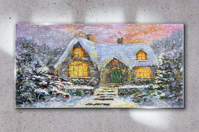 Winter landscape with a house in the forest Glass Wall Art