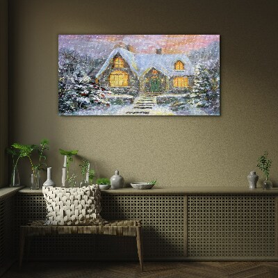 Winter landscape with a house in the forest Glass Wall Art