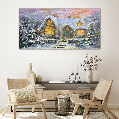 Winter landscape with a house in the forest Glass Wall Art
