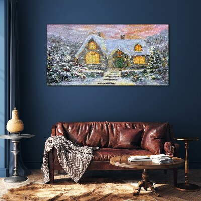 Winter landscape with a house in the forest Glass Wall Art